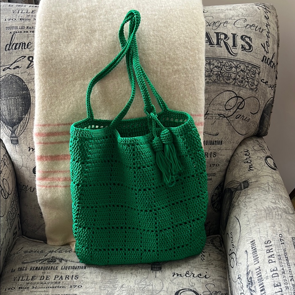 Handmade Green Crochet Tote Bag with Tassel